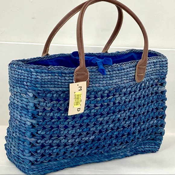 Mudd Handbags - MUDD BLUE RATTAN STRAW LARGE TOTE
